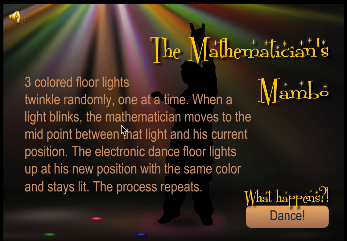 Mathematician's Mambo intro screen: three colored floor lights, one rule, infinite dots